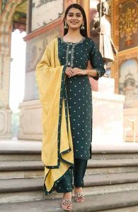 Green Printed Kurti Pant Set