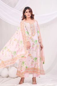 Peach Multicolor Digital Printed Cotton Kurta Set