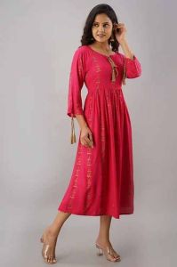 Pink Ladies Rayon Printed Dress