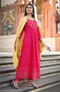 Pink Printed Anarkali Kurti Pant Dupatta Set