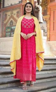 Pink Printed Anarkali Kurti Pant Dupatta Set