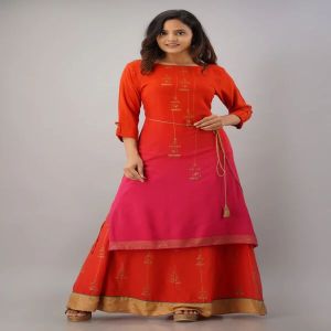 Regular Red Rayon Printed Kurta And Skirt Set