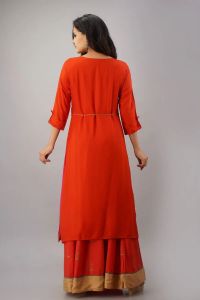 Regular Red Rayon Printed Kurta And Skirt Set