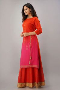Regular Red Rayon Printed Kurta And Skirt Set
