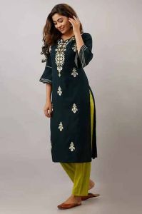 Rich Black Green Printed Cotton Kurti