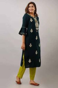 Rich Black Green Printed Cotton Kurti