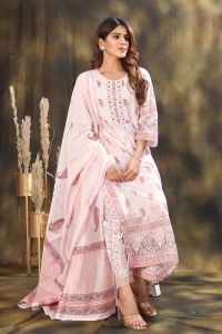 Women Floral Printed High Slit Mirror Work Pure Cotton Kurta with Trousers & With Dupatta