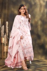 Women Floral Printed High Slit Mirror Work Pure Cotton Kurta with Trousers & With Dupatta