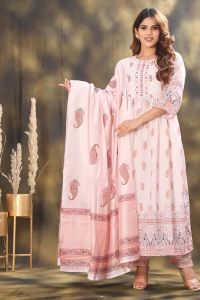 Women Floral Printed High Slit Mirror Work Pure Cotton Kurta with Trousers & With Dupatta