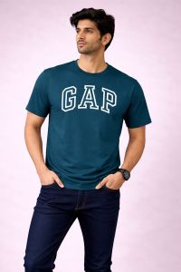 Men Blue Logo Print Crewneck T-Shirt