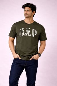 Men Olive Green Logo Print Crewneck T-Shirt