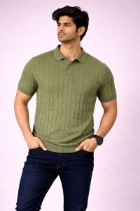Olive Green Flat Knit Polo Collar T-Shirt