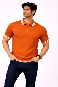 Orange Textured Zipper Polo T-Shirt