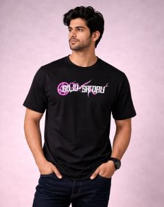 Printed Black Round Neck Cotton T-Shirt