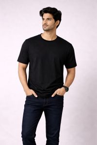 Solid Black Round Neck Cotton T-Shirt