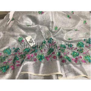 Silver Tissue Linen Saree