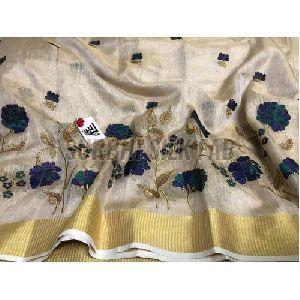 Golden Tissue Linen Saree