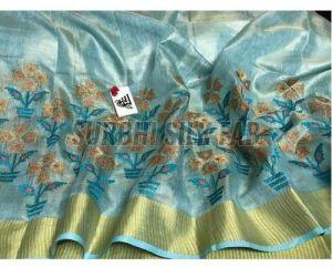 Blue Embroidered Linen Saree