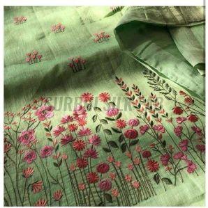 Floral Embroidered Linen Saree