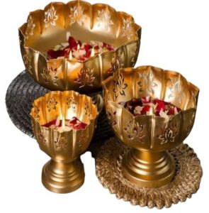 Golden Antique Lotus Shape Metal Urli