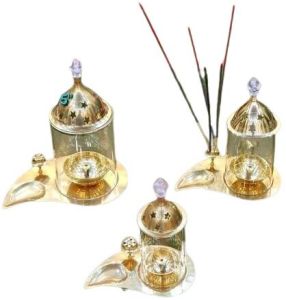 Golden Brass Akhand Diya with Incense Burner