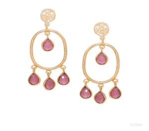 18k Gold Brass Artisan Ruby Red Gemstone Statement Earrings