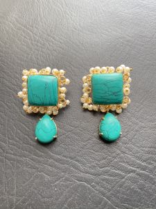 18k Gold Handmade Turquoise Pearl Beaded Cluster Earrings