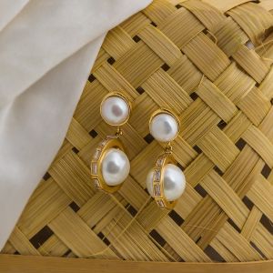 Baguette Zirconia Encased Pearl Drop Statement Earrings