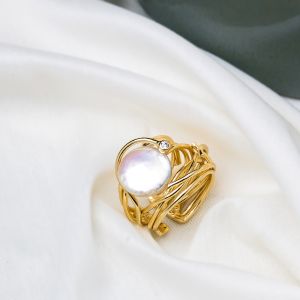 Brass Baroque Pearl Organic Vine Ring