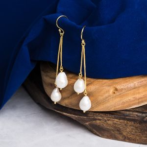 Brass Teardrop Baroque Pearl Dangle Earrings