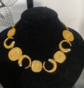 Crescent Motifs & Pearl Accents Gold Statement Necklace