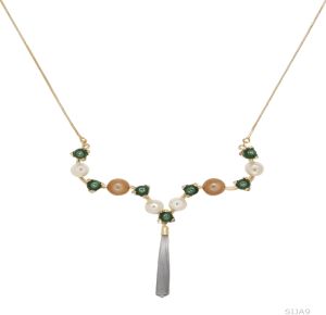 Elongated Gemstone Drop Pearl Necklace
