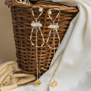 Evil Eye Nazar Long Tassel Brass Earrings