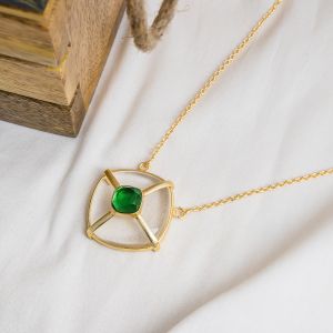Gold Plated Brass Emerald Color Green Stone Necklace
