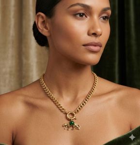Green Stone Gold Panther Pendant Necklace