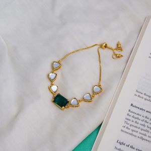 Mirror Emerald Glass Stone Statement Brass Bracelet