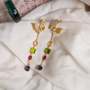 Multi-Gemstone Butterfly Wing Linear Drop Earrings