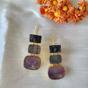 Natural Gemstone Gold Plated Statement Earrings
