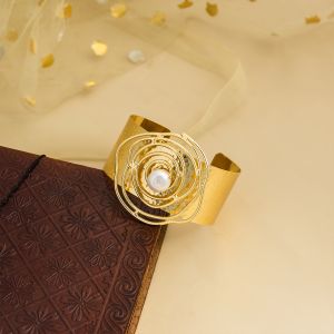 Spiral Pearl Hammered Gold Cuff Bracelet