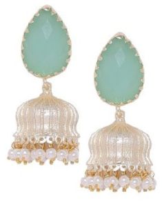 Turquoise Stone Seed Pearl Gold Jhumka Earrings