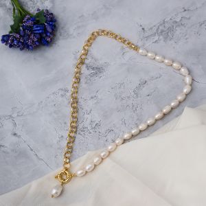 Unique Ladies Pearl Link Brass Chain Necklace