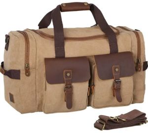 Beige Canvas Leather Duffle Bag
