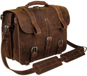 Rustic Leather Office Briefcase with Shoulder Strap