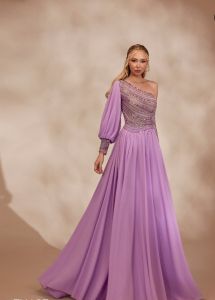 Lavender One-Shoulder Balloon Sleeve Gown