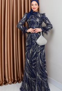 Royal Navy Blue Full-Sleeve Modest Gown with Feather Cuffs &AMP; Crystal Work