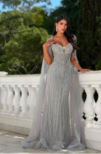 Silver Grey Crystal-Encrusted Mermaid Gown