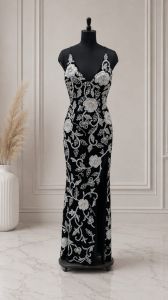 Black Flower Embroidered Strap Sequin Prom Dress