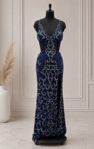 Navy Blue Strap Sequin Prom Dress