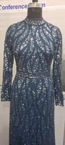 Navy Blue High Neck Embellished Sequin Maxi Dress