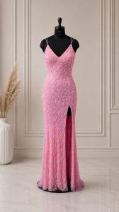 Pink Strap Sequin Prom Dress